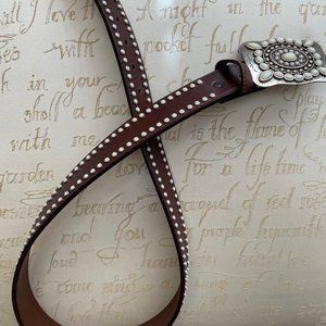 Brown Leather Belt with Pearl Studs and Embellished Buckle Size L 36